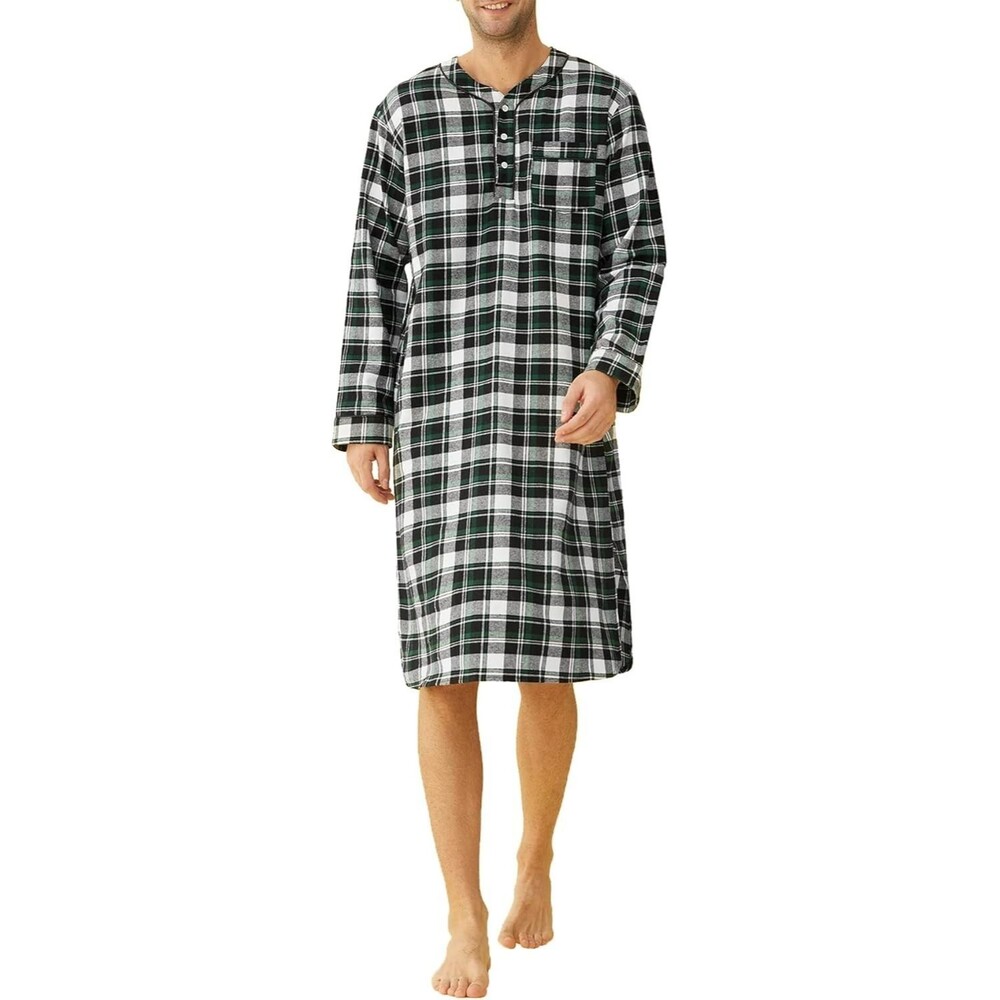Latuza Men's Nightshirt XXL Black & Green Classic Cotton Flannel Sleep Shirt